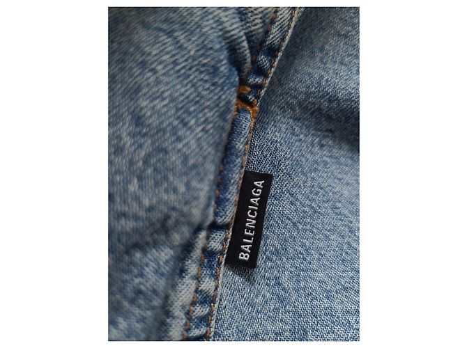 Balenciaga Giacca sovracamicia in denim azzurro con logo ricamato - vista 4