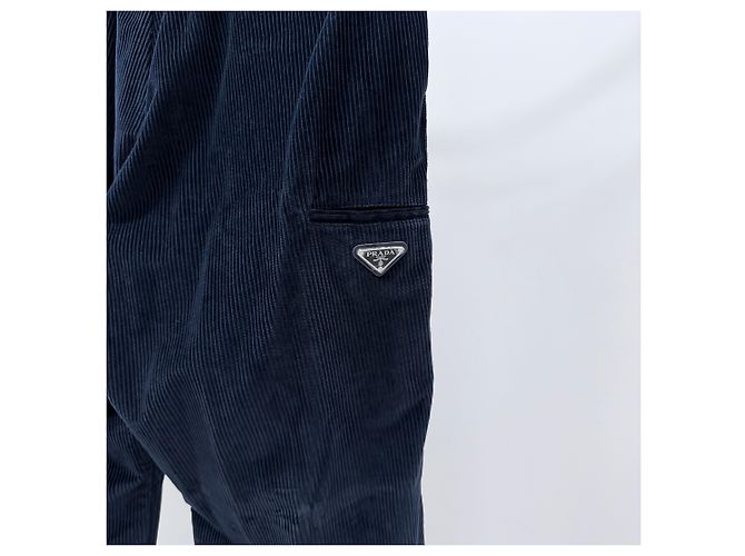 Prada Pantaloni in velluto con logo triangolare Navy - vista 2