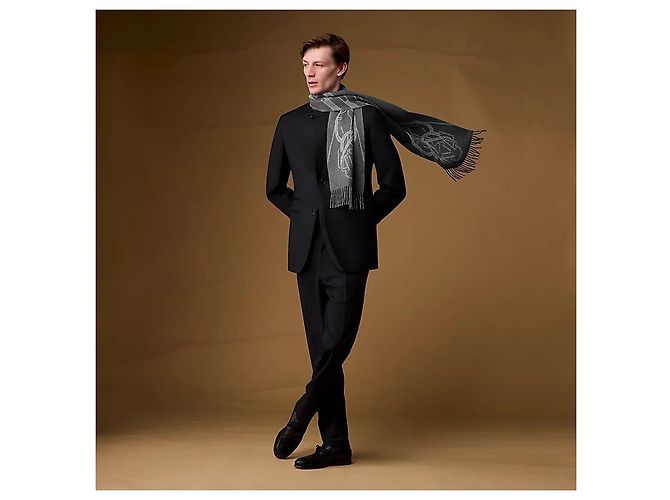 Hermès Sciarpa in cashmere Tete-a-Tete Equestre Grey - vista 3