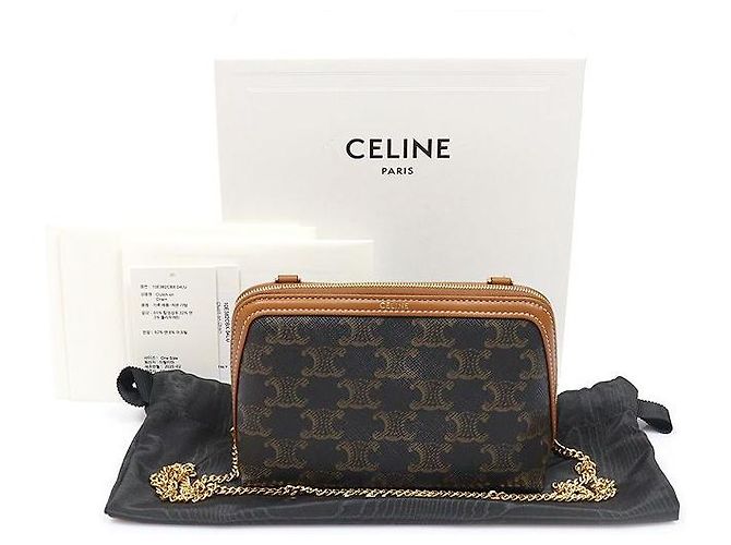 Céline Borsa a tracolla e clutch Triomphe in tela e pelle d'agnello marrone - vista 2