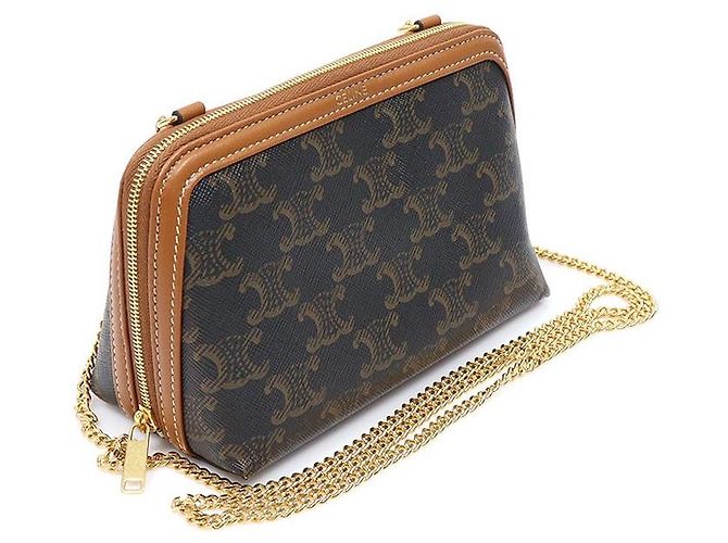 Céline Borsa a tracolla e clutch Triomphe in tela e pelle d'agnello marrone - vista 3
