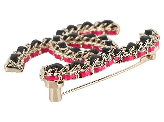 Chanel Spilla CC in vitello e metallo Oro Nero Rosa - vista 3