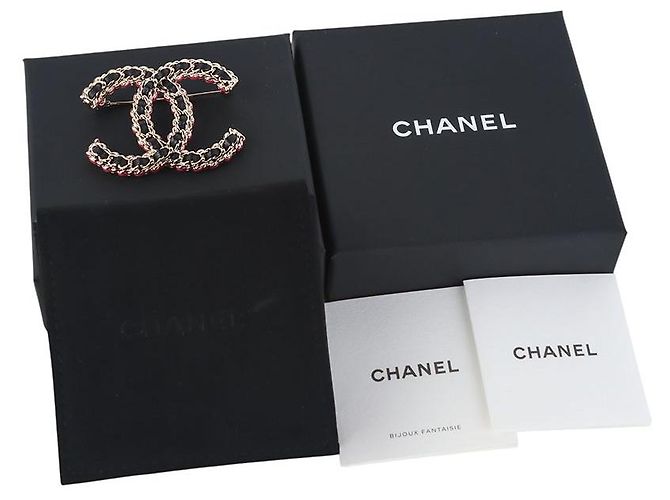 Chanel Spilla CC in vitello e metallo Oro Nero Rosa - vista 6