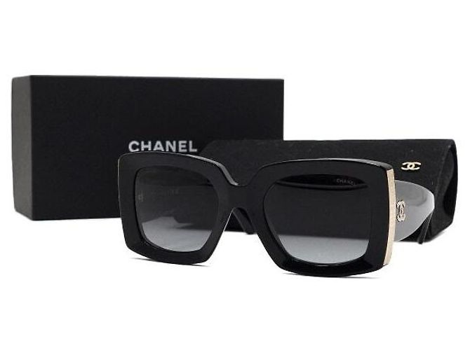 Chanel Gafas de sol para mujer de montura rectangular negra y dorada - vista 7