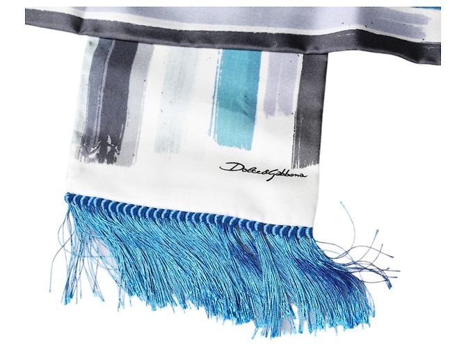 Dolce & Gabbana Sciarpa Wrap in Seta a Righe Bianche e Blu con Frange - vista 3
