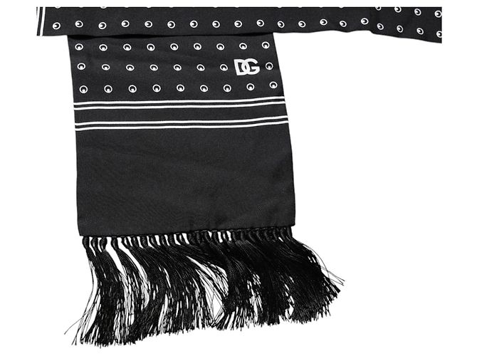 Dolce & Gabbana Sciarpa skinny in seta a pois bianco e nero con frange - vista 2