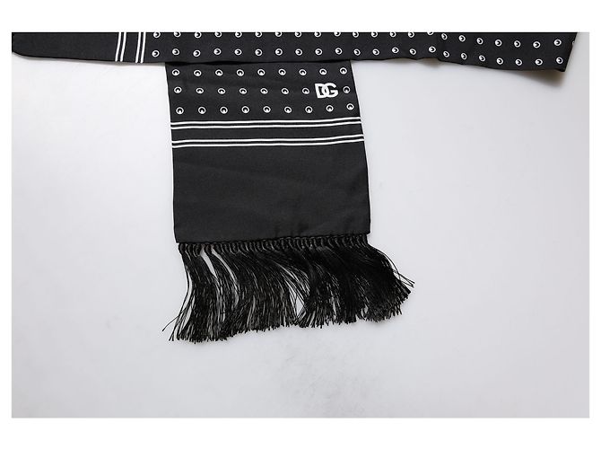 Dolce & Gabbana Sciarpa skinny in seta a pois bianco e nero con frange - vista 3