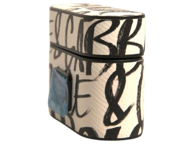 Dolce & Gabbana Custodia Airpods in pelle bianca e nera con logo Scribble in rilievo - vista 2