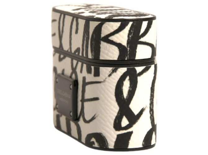 Dolce & Gabbana Custodia Airpods in pelle bianca e nera con logo Scribble in rilievo - vista 2
