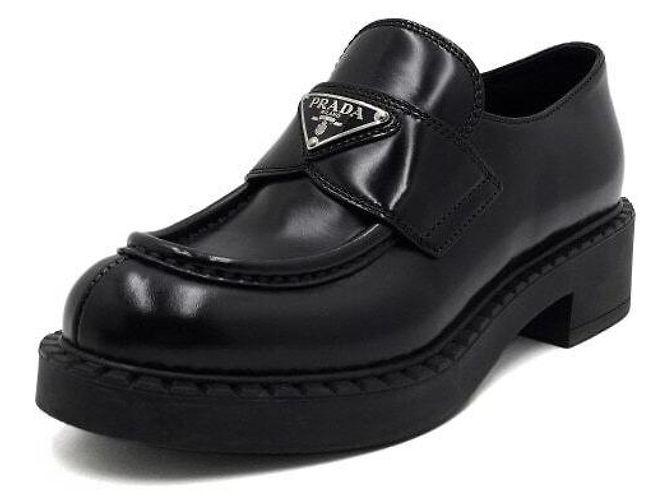 Prada Black Leather Triangular Logo Brushed Women's Loafers - view 2