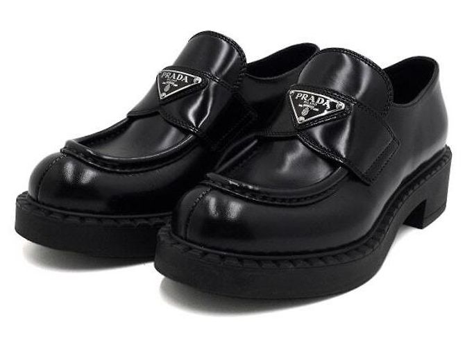 Prada Black Leather Triangular Logo Brushed Women's Loafers - view 3