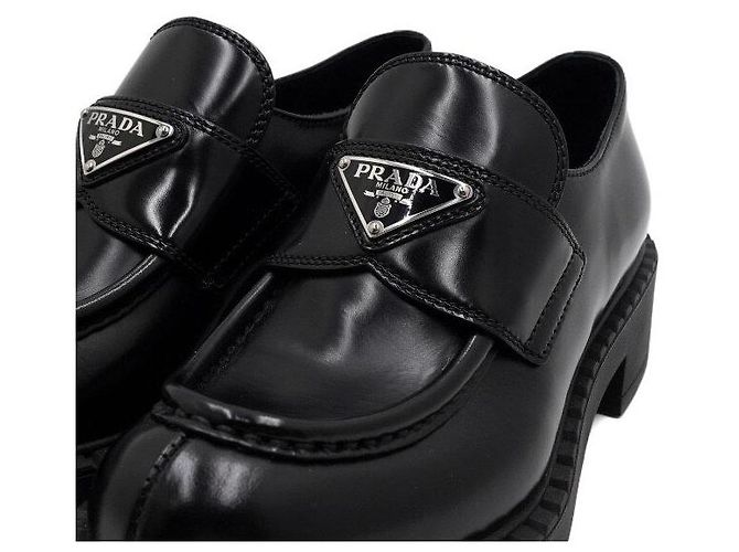 Prada Black Leather Triangular Logo Brushed Women's Loafers - view 6