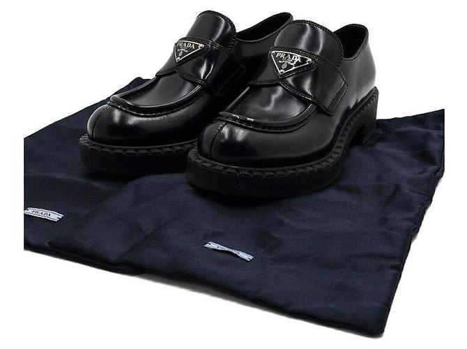 Prada Black Leather Triangular Logo Brushed Women's Loafers - view 8
