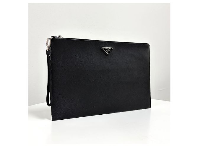 Prada Clutch in Saffiano con logo triangolare e tracolla Nero - vista 2