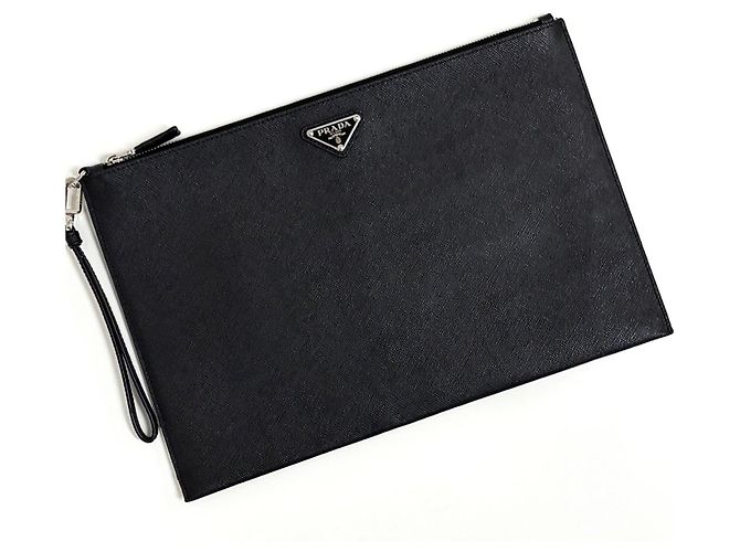 Prada Clutch in Saffiano con logo triangolare e tracolla Nero - vista 4