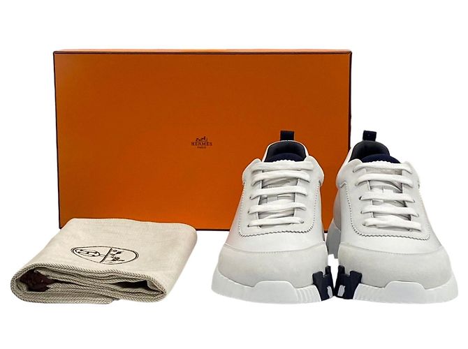 Hermès Bouncing Sneakers White Leather Black Blanc - vista 3