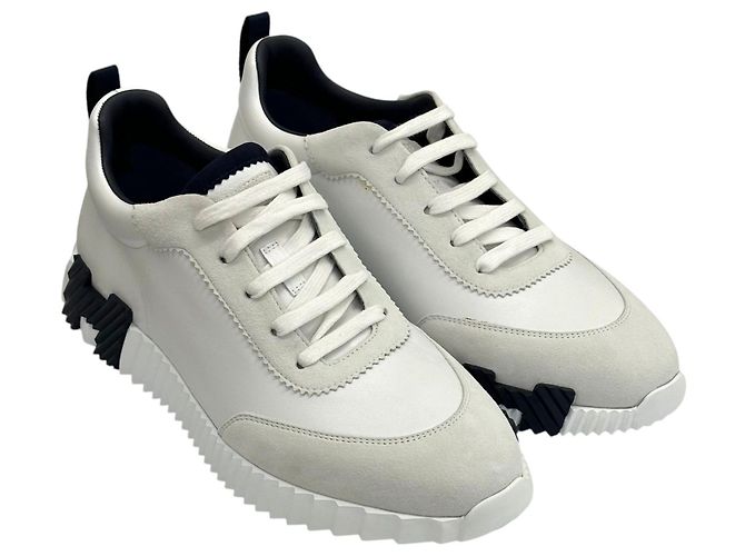 Hermès Bouncing Sneakers White Leather Black Blanc - vista 4
