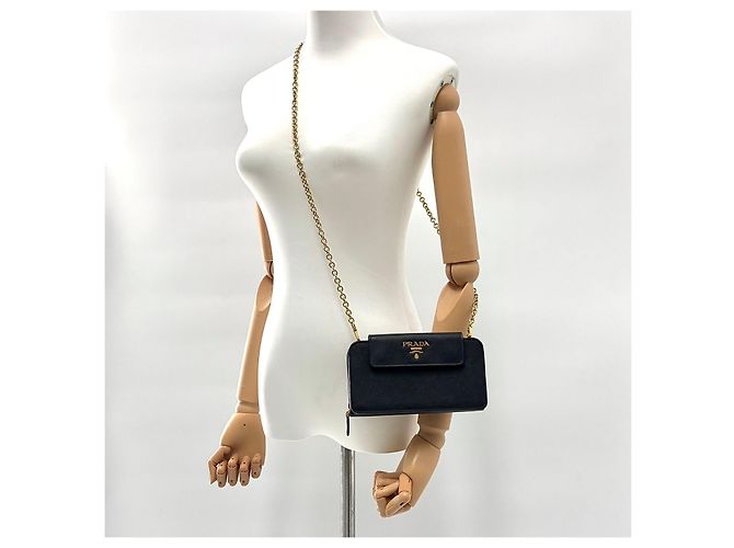 Prada Borsa a tracolla con catena in pelle Saffiano Nero - vista 3