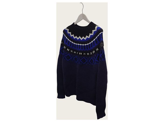 Moncler Navy Blue Nordic Pattern Leather Logo Mockneck Knit - view 2
