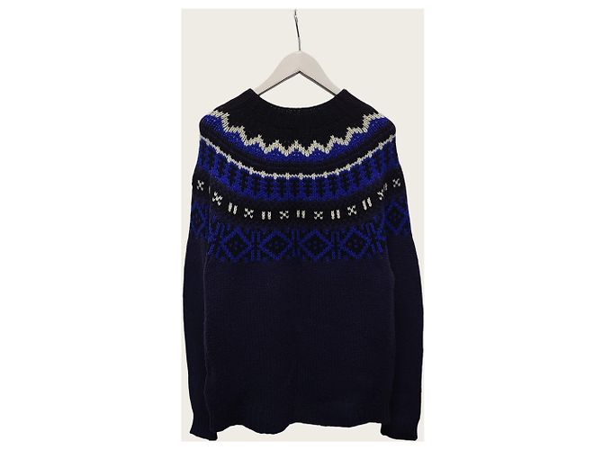 Moncler Navy Blue Nordic Pattern Leather Logo Mockneck Knit - view 4