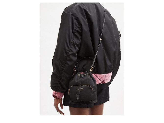 Prada Borsa a secchiello Duet Nylon New Bucket Bag Black Gold - vista 6