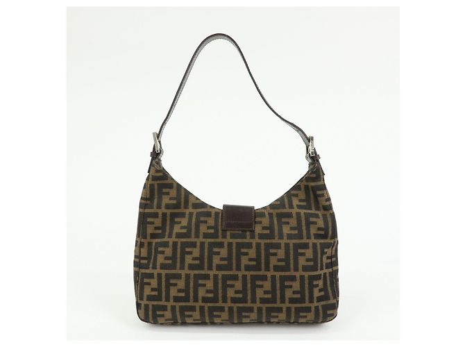 FENDI Borsa a spalla e a mano in pelle e tela Zucca Nero e Marrone 26569 - vista 2