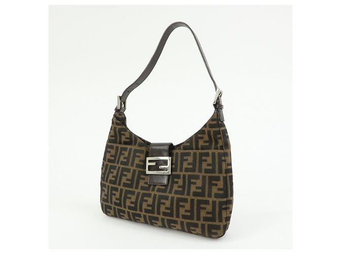 FENDI Borsa a spalla e a mano in pelle e tela Zucca Nero e Marrone 26569 - vista 3