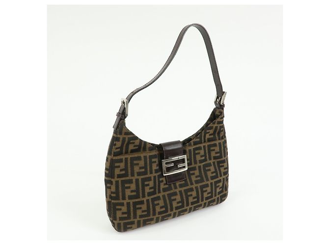 FENDI Borsa a spalla e a mano in pelle e tela Zucca Nero e Marrone 26569 - vista 4