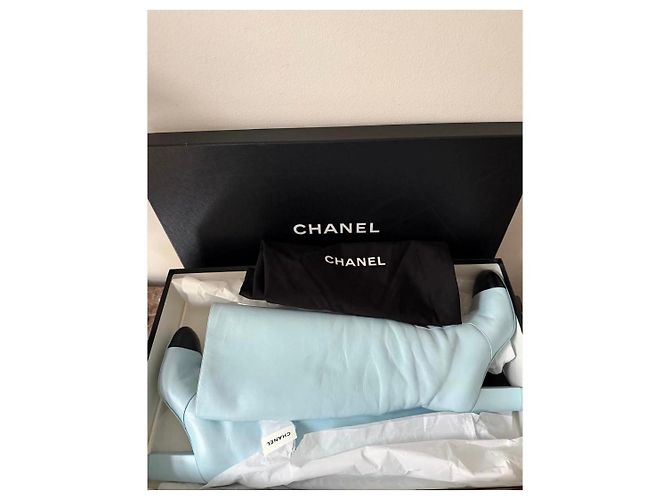 Botas altas con puntera de cuero azul claro Chanel - vista 12
