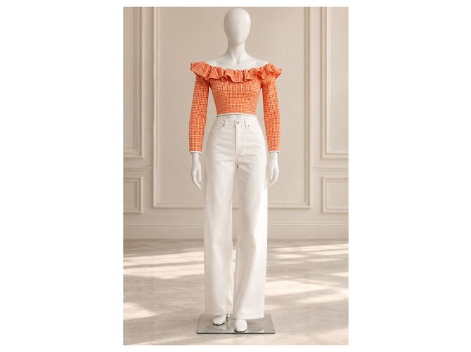 Miu Miu Top Corto de Punto Gingham Naranja - vista 2