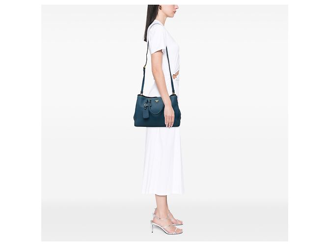 Borsa Tote Aperta Convertibile Prada Blue Vitello Daino - vista 6