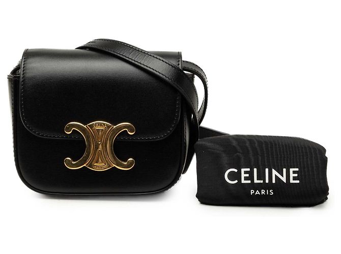 Céline Celine Mini Borsa a Tracolla Triomphe in Pelle di Vitello Lucida Nera - vista 7