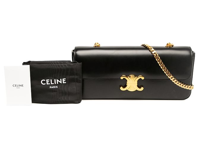 Céline Borsa a tracolla Celine Triomphe in vitello lucido nero con catena - vista 6