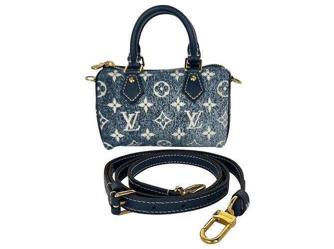 Louis Vuitton Nano Speedy in cotone blu - vista 14