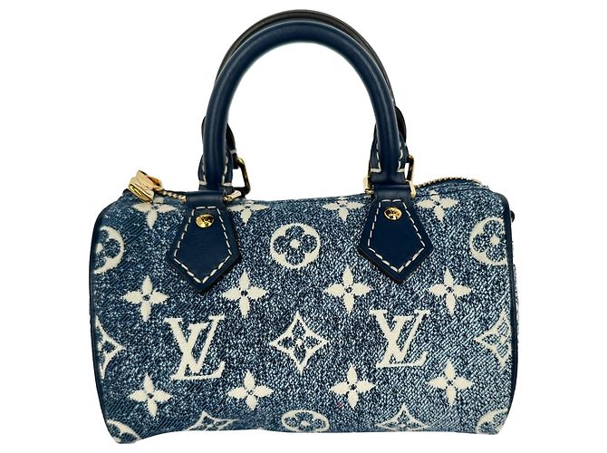 Louis Vuitton Nano Speedy in cotone blu - vista 3
