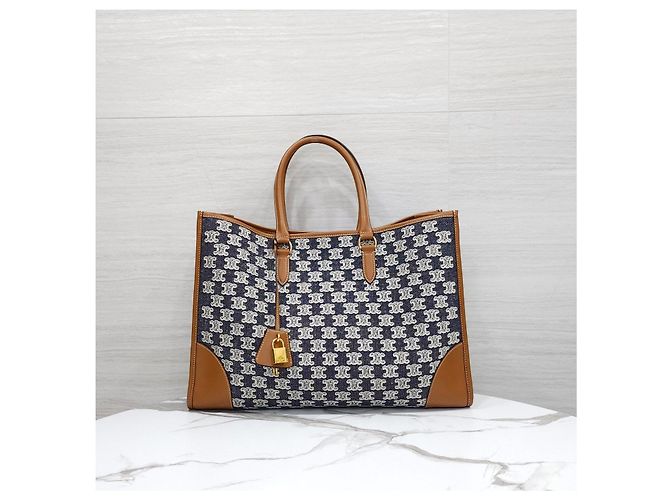 Céline Borsa Cabas Orizzontale in Tessuto Ricamato Blu Navy - vista 11