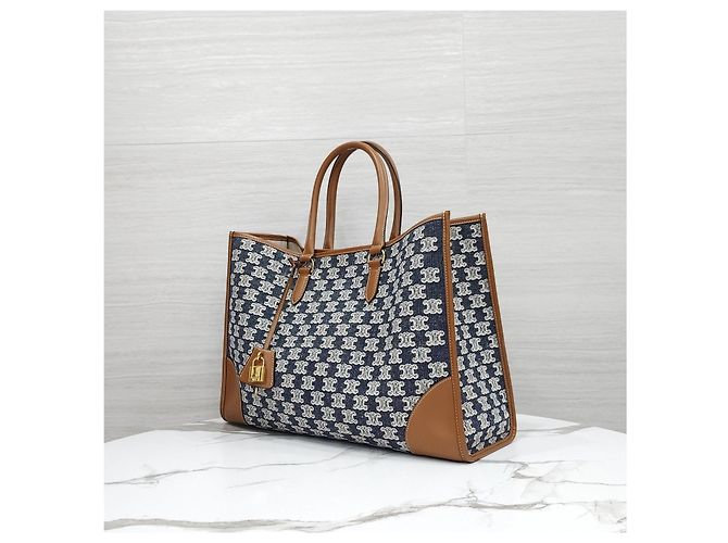 Céline Borsa Cabas Orizzontale in Tessuto Ricamato Blu Navy - vista 12