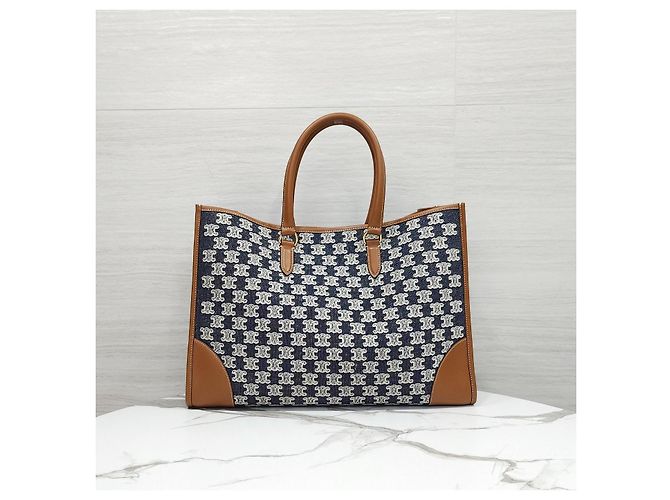Céline Borsa Cabas Orizzontale in Tessuto Ricamato Blu Navy - vista 13