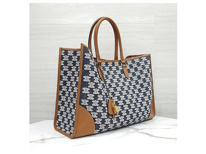 Céline Borsa Cabas Orizzontale in Tessuto Ricamato Blu Navy - vista 14
