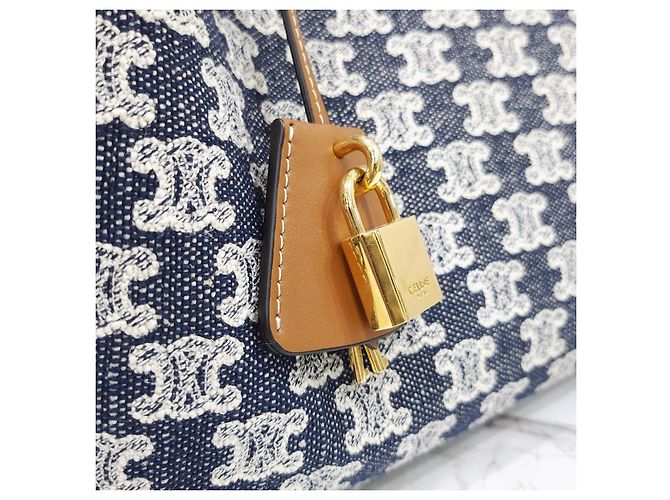 Céline Borsa Cabas Orizzontale in Tessuto Ricamato Blu Navy - vista 15