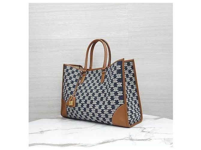 Céline Borsa Cabas Orizzontale in Tessuto Ricamato Blu Navy - vista 2