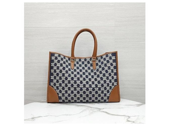 Céline Borsa Cabas Orizzontale in Tessuto Ricamato Blu Navy - vista 3