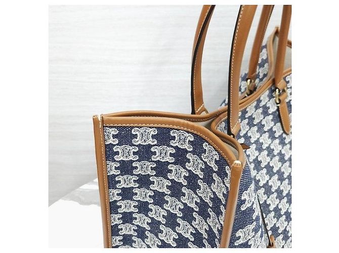 Céline Borsa Cabas Orizzontale in Tessuto Ricamato Blu Navy - vista 7