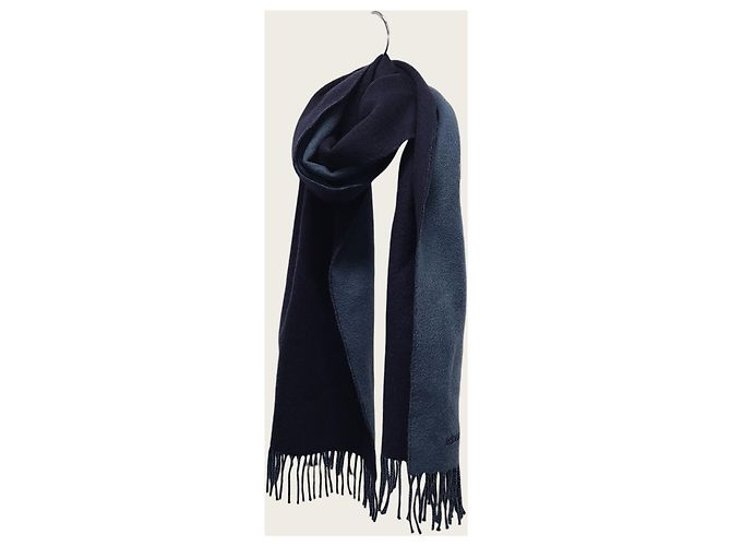 Hermès Sciarpa in cashmere blu navy bicolore con logo ricamato - vista 2
