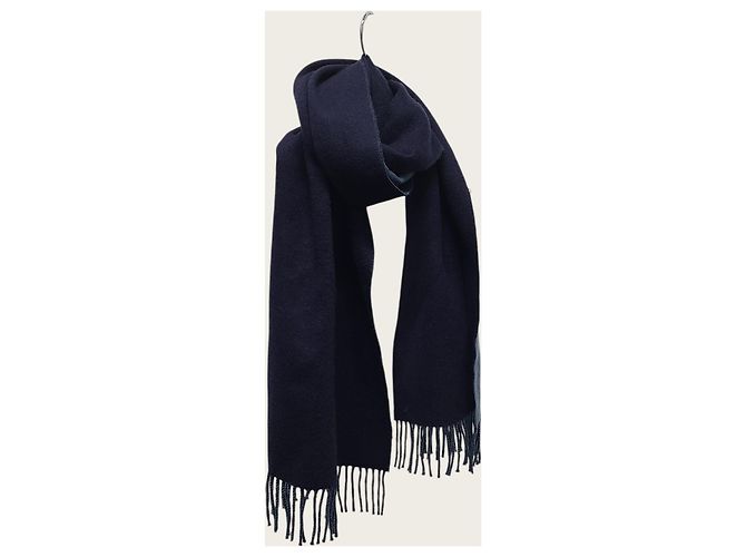 Hermès Sciarpa in cashmere blu navy bicolore con logo ricamato - vista 3