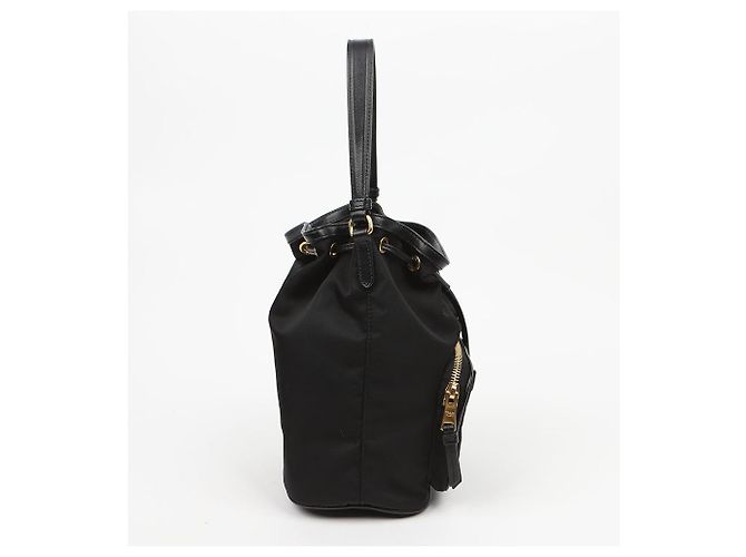 Prada Borsa a secchiello Duet in nylon con logo in metallo Nero Oro - vista 4