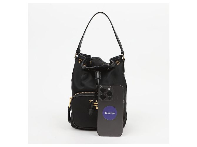 Prada Borsa a secchiello Duet in nylon con logo in metallo Nero Oro - vista 9