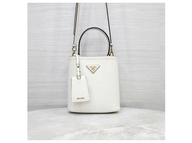 Prada Borsa a spalla tote doppia Panier in Saffiano bianca - vista 11