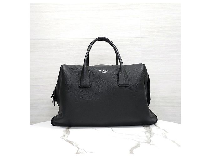 Prada Borsa Tote da Viaggio in Pelle Martellata Logo Nero - vista 11