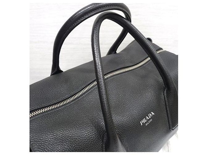 Prada Borsa Tote da Viaggio in Pelle Martellata Logo Nero - vista 6